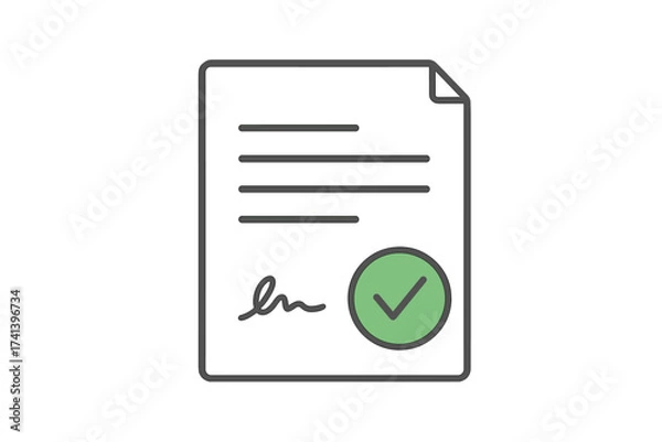 Fototapeta Business document icon with signature and approval stamp. Signed contract, agreement verification, and successful deal confirmation. Paperwork and legal document concept vector.