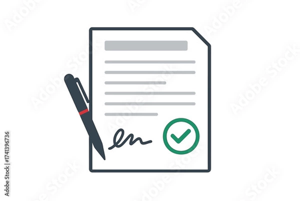 Fototapeta Business document with signature and approval stamp. Concept of paperwork, agreement, or contract signing. Approved partnership deal. Flat design vector illustration icon.