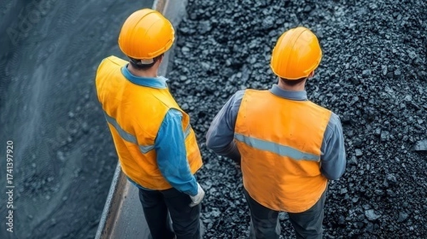 Fototapeta Workers inspecting conveyor systems carrying processed coal, coal mining, efficiency, industrial systems