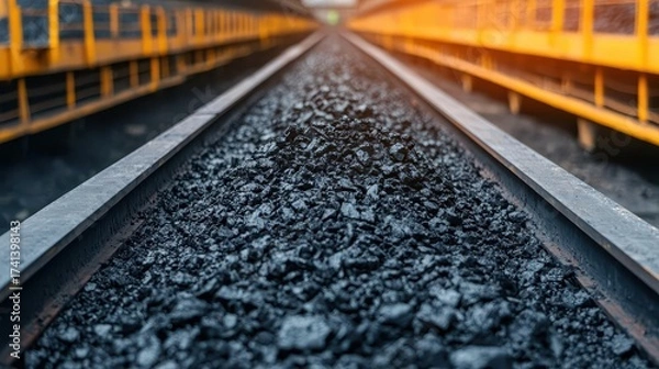 Fototapeta A massive conveyor belt transporting coal from a mining pit, coal processing, industrial efficiency, resource extraction
