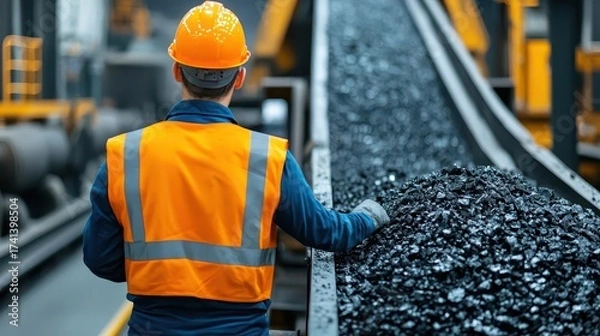 Fototapeta Workers inspecting conveyor systems carrying processed coal, coal mining, efficiency, industrial systems