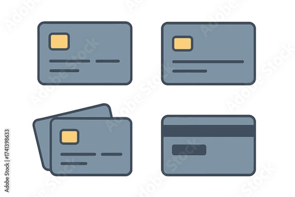 Fototapeta Flat vector illustration of credit cards with chip technology, set of grey bank cards with transparent background for financial and payment concepts, modern design