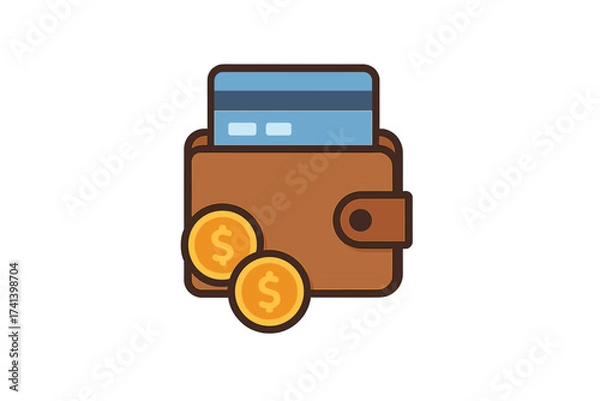 Fototapeta Wallet concept icon with credit card and coins, flat design vector illustration showing money, finance, payment, cash, savings, digital wallet, currency, and financial security