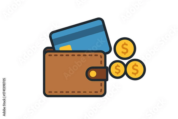 Fototapeta Wallet concept icon with credit card and coins, flat design vector illustration, finance and money management symbol, digital payment, cash and plastic card, transparent background vector graphic