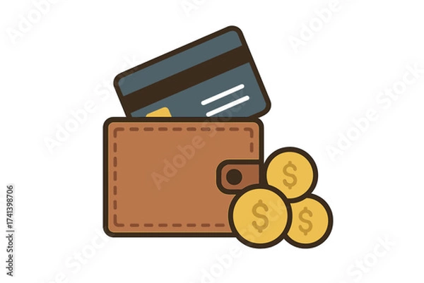 Fototapeta Wallet concept icon with credit card and gold coins, flat vector illustration, finance and money management, digital payment, secure wallet design, transparent background