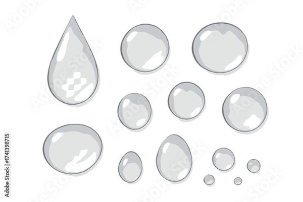 Fototapeta Realistic Water Droplets Set, Transparent Background, Vector Illustration of Clear Liquid Drops, Glossy Raindrops in Various Sizes, Transparent Water Drops Collection for Design