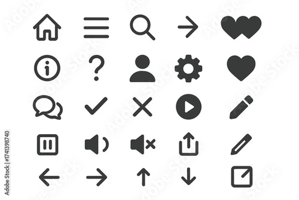 Fototapeta Universal Web Icons Set for Mobile and UI Design, Basic Interface Elements, Vector Illustration, Transparent Background, Essential Digital UI Symbols, Website Navigation Icons