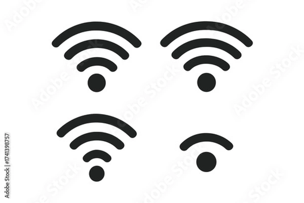 Fototapeta Wireless WiFi signal icons isolated on white background. Vector illustration set of ordered wireless internet symbols with transparent background for technology design.