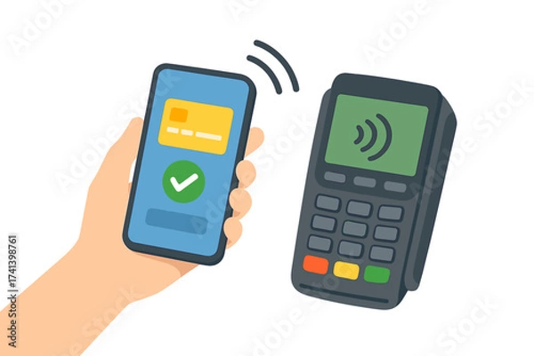 Fototapeta Wireless payment smartphone terminal, mobile phone in hand with credit card on screen, successful NFC pay confirmation, contactless payment technology, flat vector illustration