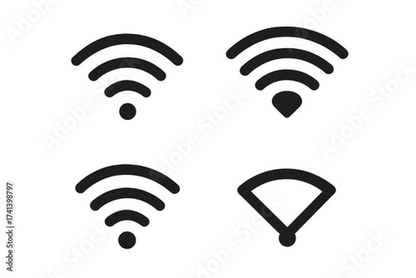 Fototapeta Wireless WiFi signal icons set isolated on white background. Vector illustration of wireless connectivity, network symbol, internet signal strength, modern tech vector graphics.