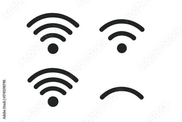 Fototapeta Set of wireless WiFi icons isolated on white background with transparent effect, vector illustration showing different signal strength levels, technology and connectivity symbols for digital use