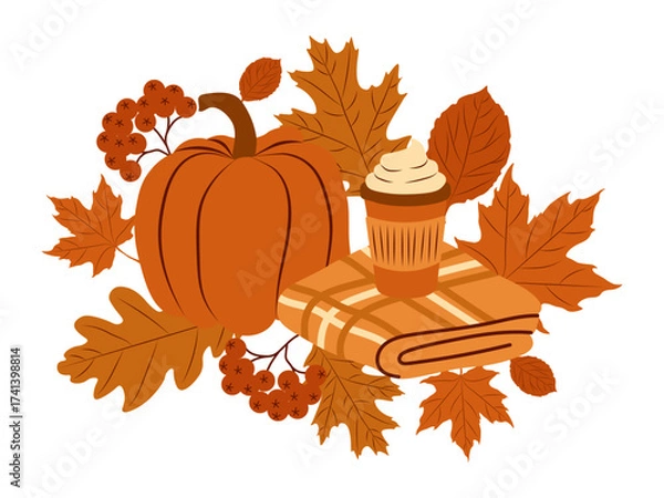 Fototapeta Autumn illustration with pumpkin, leaves, berries, blanket and coffee cup.Cozy seasonal composition in warm colors for fall design, greeting cards, invitation and creative projects