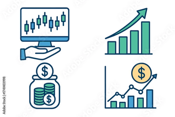 Fototapeta Financial stock market icon set. Trading, investment, and savings concept. Vector graphics for capital markets, economic growth, and finance. Analysis charts and profit diagrams.