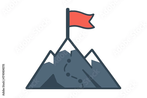 Obraz Mountain with red flag on the peak. Concept of success, goal achievement, and mission accomplished. Business journey to the top. Path to overcoming challenges and victory.