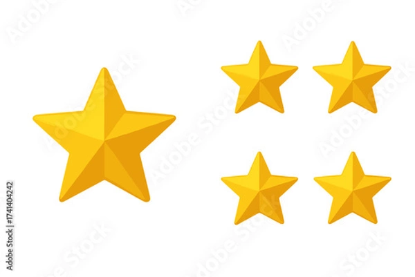 Fototapeta Five gold stars rating icon set. Golden 3d star symbol for review, feedback, quality, and success. Award winner achievement concept. Best choice vector illustration isolated.