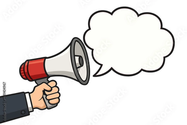 Fototapeta Male hand holding megaphone with speech bubble. Loudspeaker for business, marketing, advertising. Announcement, alert and promotion concept. Communication and news vector.