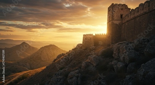 Obraz Ancient stone fortress atop rocky hillside at sunset mountains in the distance