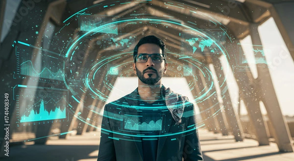 Obraz Technologist Standing in Holographic Data Tunnel at Outdoor Futuristic Tech Pavilion