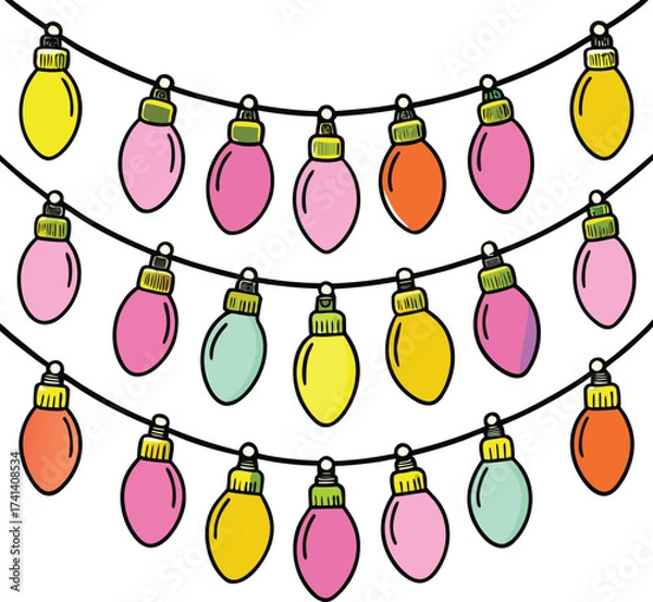 Fototapeta Festive Holiday Lights String Design with Vibrant Bulbs and Decorative Charm Perfect for Celebratory Illustrations