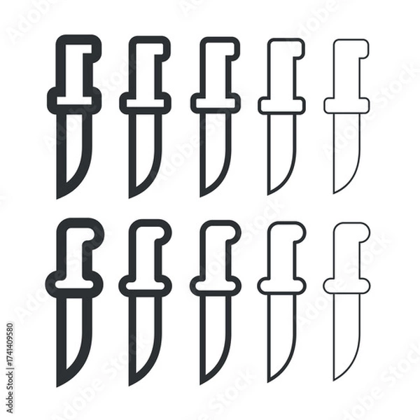 Fototapeta Knife icon set. An attribute of the kitchen, a chef, or a butcher. A bladed weapon, military combat ammunition. A hunter's or killer's tool.