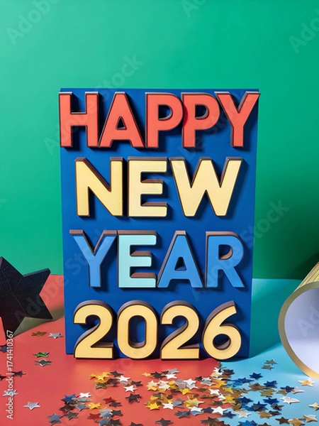 Fototapeta Colorful 3D Letter Blocks Displaying Happy New Year 2026 for Festive Celebration