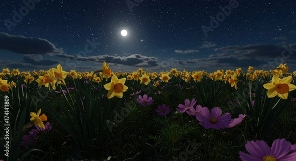 Obraz Night field of daffodils and cosmos under a starry sky with a bright moon