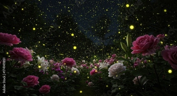 Obraz Nighttime garden of pink roses and white lilies illuminated by numerous scattered yellow fireflies