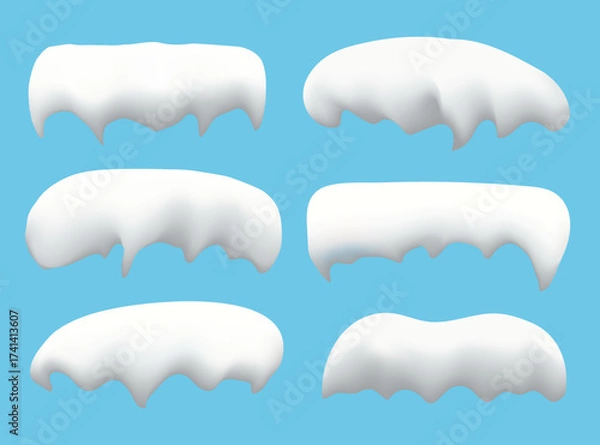 Fototapeta Set of white snow caps on a blue background. Realistic snow caps, drifts, snowball, icicles and snow piles. Winter elements for your creative design. Vector illustration. Eps 10