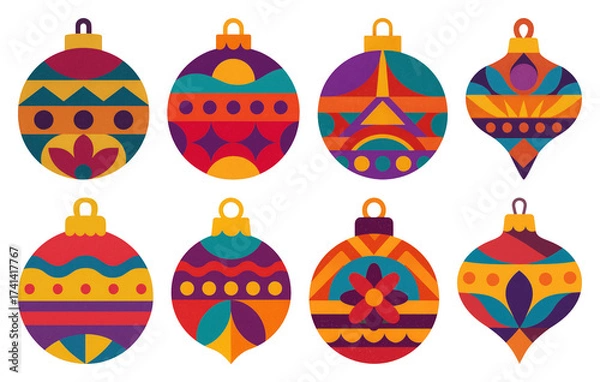 Fototapeta PNG Colorful geometric Christmas ornaments, element set on transparent background