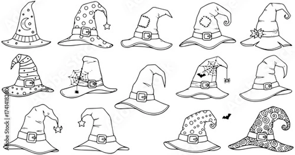 Fototapeta Whimsical collection of witch hats for Halloween party decorations or spooky designs originally vector