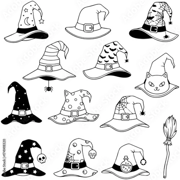 Fototapeta Spooky witch hats doodle collection for Halloween crafting and festive decorations originally vector