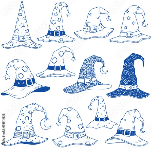 Fototapeta Enchanting wizard hats vector art collection for Halloween, fantasy games or magical illustrations