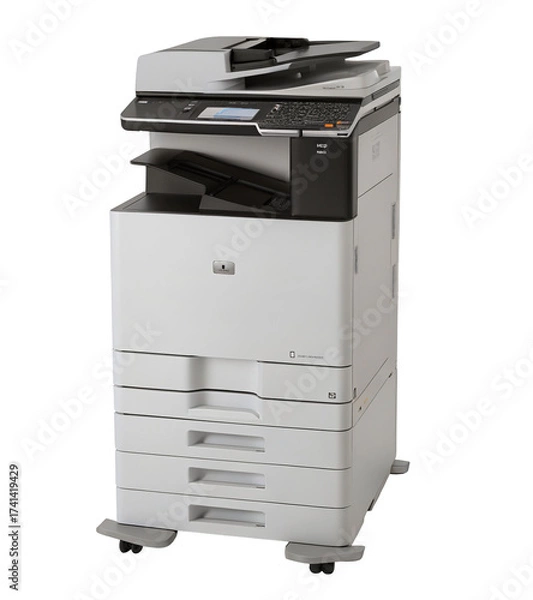 Fototapeta Modern office copier machine with multiple paper drawers and scanner top.