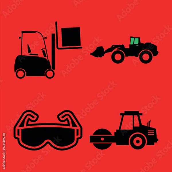 Fototapeta Bold construction equipment icons set against a vibrant red backdrop for maximum visual impact and instant recognition