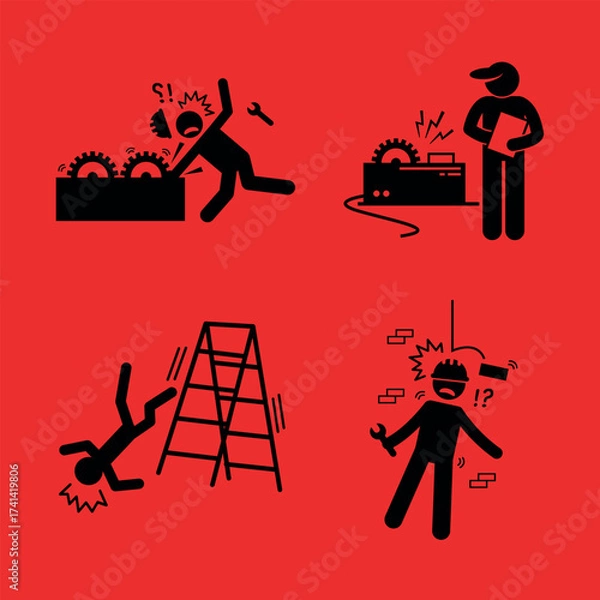 Fototapeta Safety first! Work accidents and hazards awareness in construction, manufacturing and factory environments alert banner