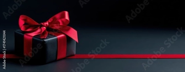 Fototapeta The gift box wrapped in black paper with a red silk bow on dark surface