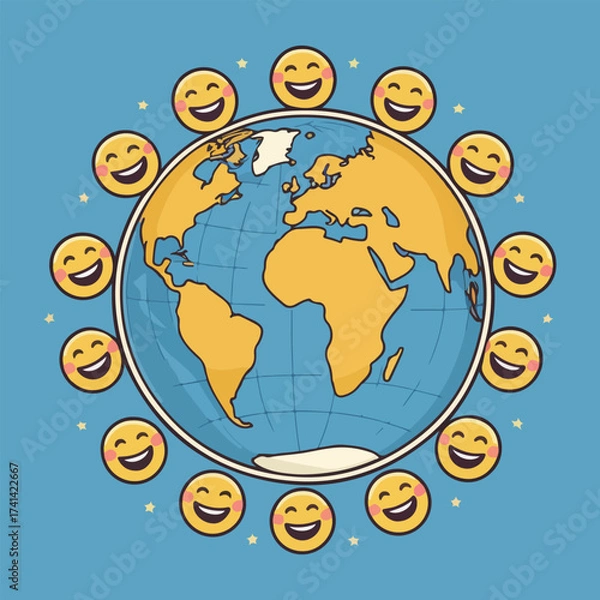 Obraz Minimal flat World Smile Day vector art with smiley faces, balloons, flowers, hearts, diverse people, cartoon children, cute animals, joyful friends, emotional wellness theme, solid color flat design