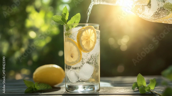 Fototapeta Fresh lemon drink being poured into glass with mint and ice outdoors  