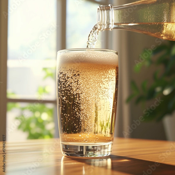 Fototapeta Ginger ale being poured into a glass on wooden table in bright room  
