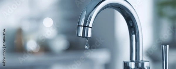 Fototapeta The chrome faucet with a single water droplet above a blurred modern sink backdrop