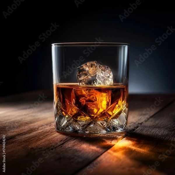 Fototapeta A close-up of a whiskey glass with a single ice cube, showcasing rich amber tones and warm lighting on a wooden table.
