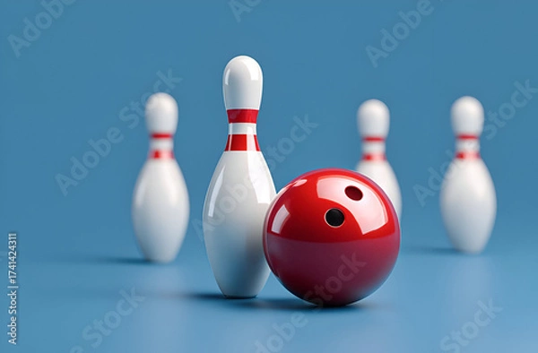 Fototapeta A close-up view of a red bowling ball and white bowling pins on a blue background, representing the sport of bowling.
