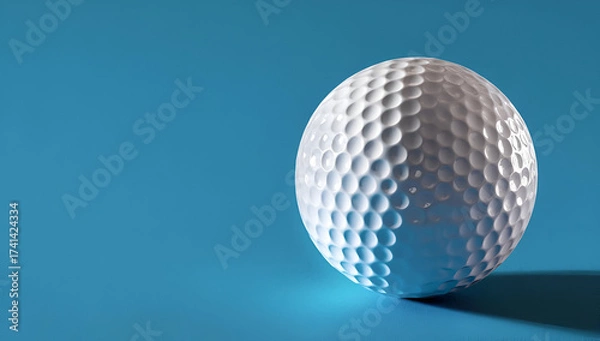 Fototapeta A close-up view of a textured white golf ball against a vibrant blue background, ideal for sports and leisure themes.