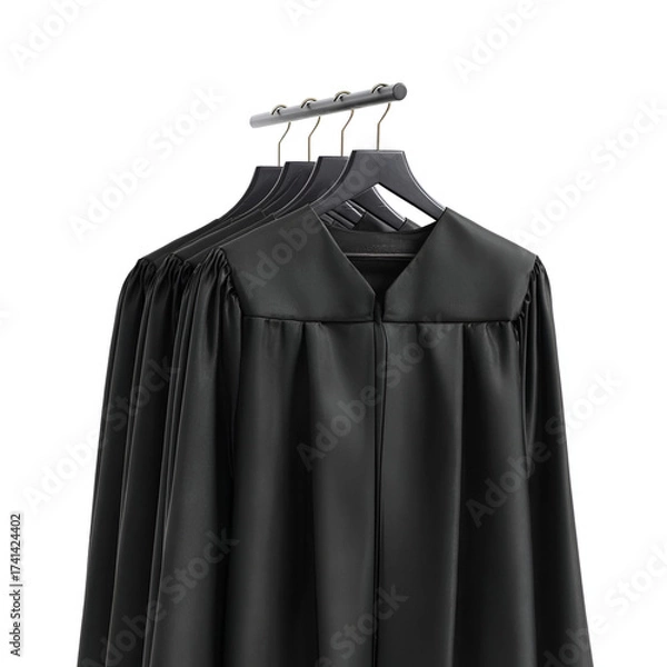 Fototapeta A collection of elegant black graduation gowns hanging on display, symbolizing academic achievement and celebration.