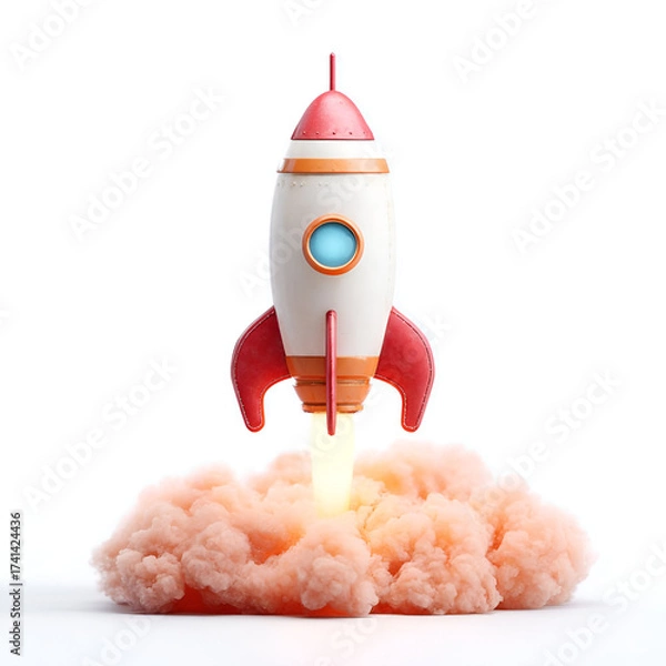 Fototapeta A colorful rocket model launching with vibrant smoke, symbolizing innovation and exploration in technology.
