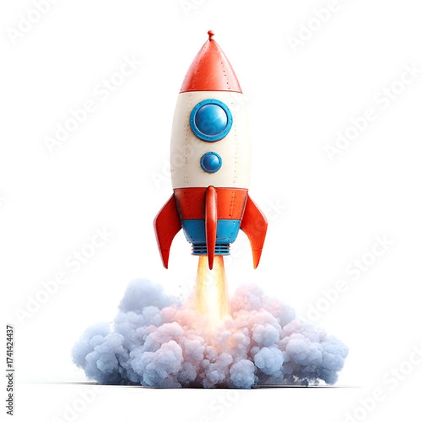 Fototapeta A colorful rocket launching with vibrant flames and smoke, symbolizing exploration and innovation in technology.