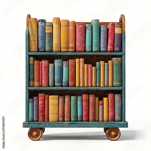 Fototapeta A colorful wooden book cart filled with various books, perfect for libraries and cozy reading corners.