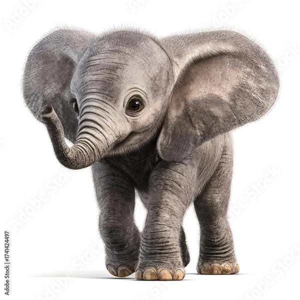 Fototapeta A cute baby elephant joyfully exploring its surroundings, showcasing its playful nature and innocence.