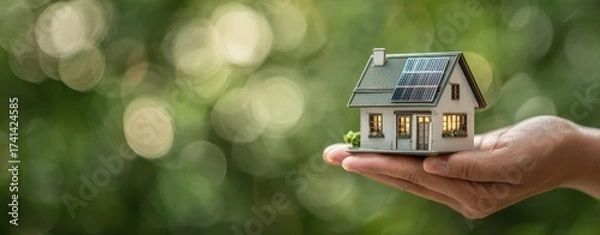 Fototapeta The House with Solar Panels Held in Hand Representing Sustainable Energy and Homeownership