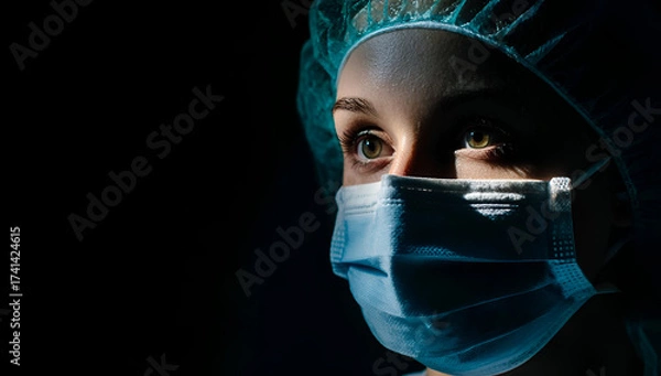 Fototapeta A focused healthcare worker in a protective face mask and cap, demonstrating dedication and professionalism.